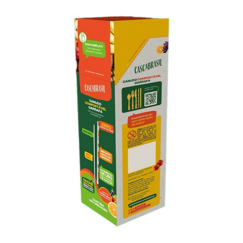 Canudo Compostavel Garrafa Embalado Individual Sache De Papel 5mmX25cm Cascabrasil - Caixa Display Com 100 Unidades