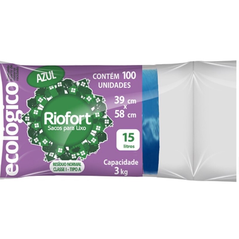 Saco Para Lixo Azul 15 Litros Riofort - Rolo Com 100 Unidades