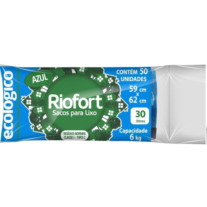 Saco Para Lixo Azul 30 Litros Riofort - Rolo Com 50 Unidades