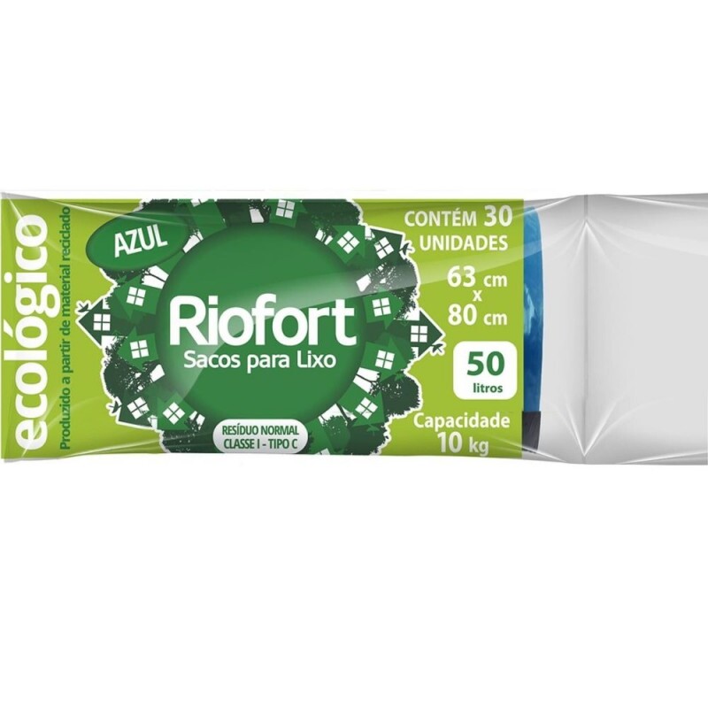 Saco Para Lixo Azul 50 Litros Riofort -Rolo Com 30 Unidades