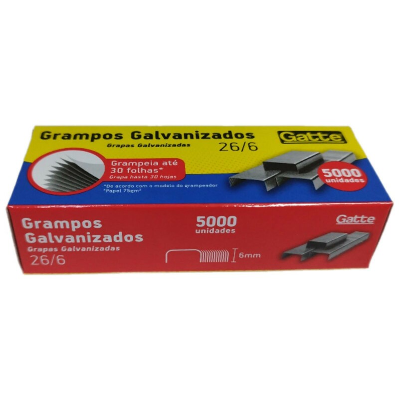 Grampo Galvanizado 26/6 Gatte - Pacote Com 5000 Unidades
