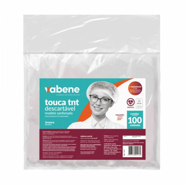 Touca TNT Sanfonada Branca Vabene - Pacote Com 100 Unidades