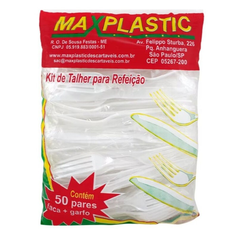 Kit Talher Refeicao Branco Embalado Max Plastic - Faca E Garfo - Pacote Com 50 Conjuntos