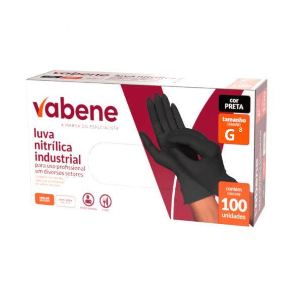 Luva Nitrilica Sem Po Protecao Industrial Preta G Vabene - Caixa Com 100 Unidades