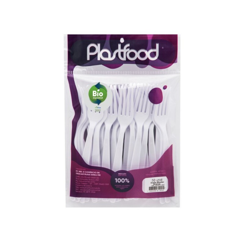 Garfo Master Branco Biodegradavel Plastfood - Pacote Com 50 Unidades