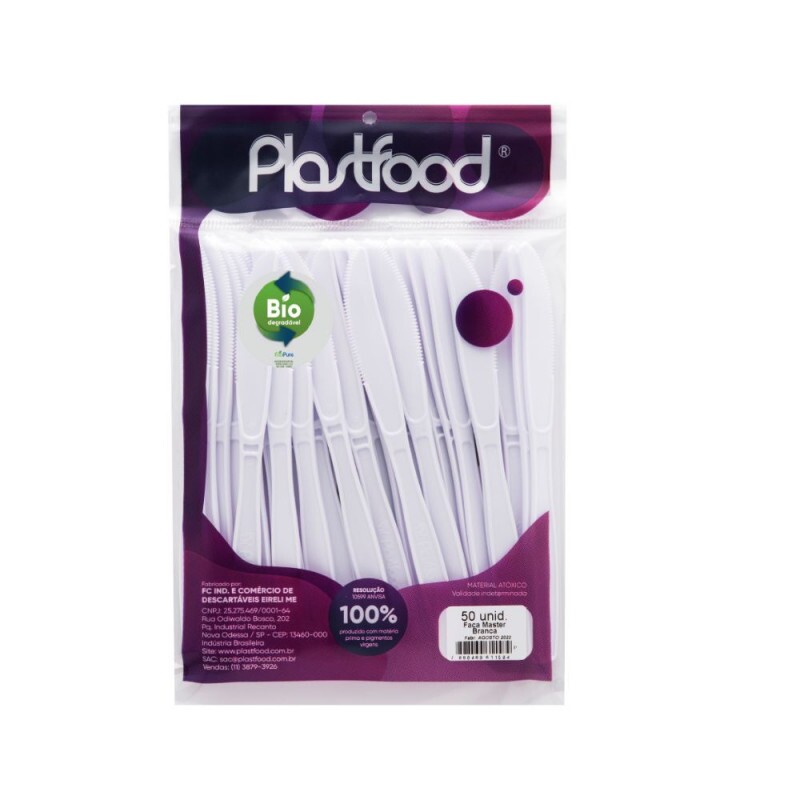 Faca Master Branca Biodegradavel Plastfood - Pacote Com 50 Unidades