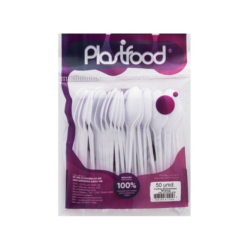 Colher Sobremesa Branca Biodegradavel Plastfood - Pacote Com 50 Unidades