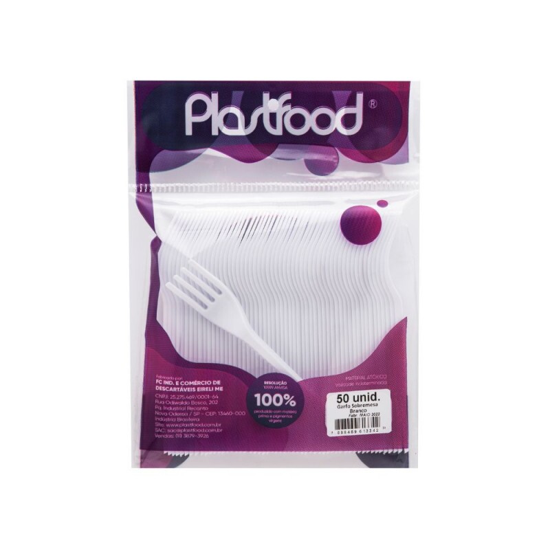 Garfo Sobremesa Branco Biodegradavel Plastfood - Pacote Com 50 Unidades