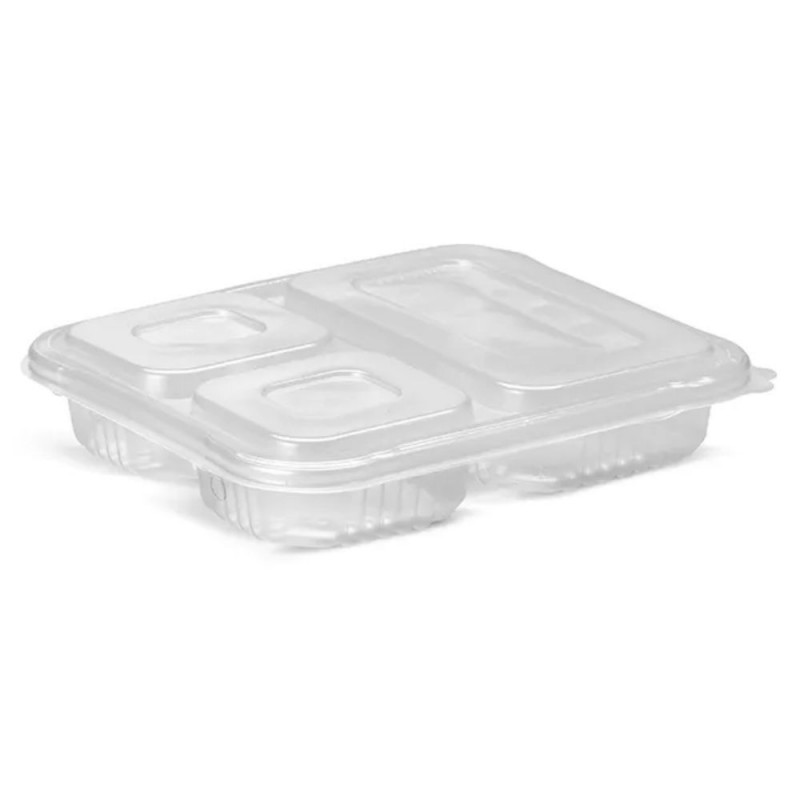 G 323 - Bandeja  Retangular PP Cristal 3 Divisoes 810ml Tampa Articulada Galvanotek - Caixa Com 100 Unidades