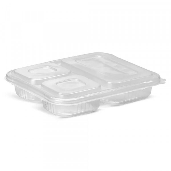 G 323 - Bandeja  Retangular PP Cristal 3 Divisoes 810ml Tampa Articulada Galvanotek - Caixa Com 100 Unidades