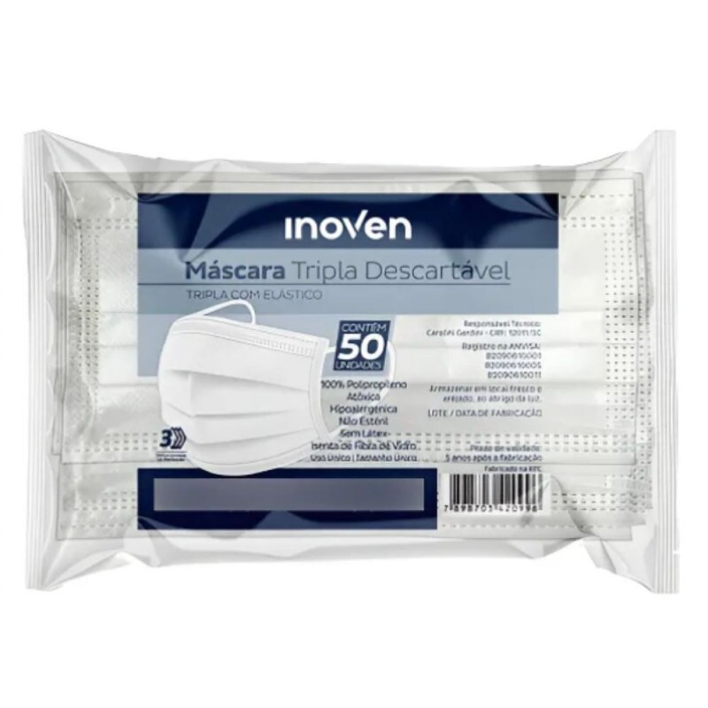 Mascara Tripla Branca Com Elastico Inoven - Pacote Com 50 Unidades Mascara Tripla Branca Com Elastico Inoven - Pacote Com 50 Unidades