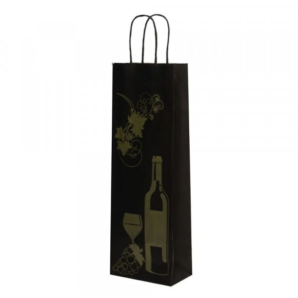 Sacola Kraft Vinho Preta Estampada 13,5x8x39cm - Pacote Com 10 Unidades