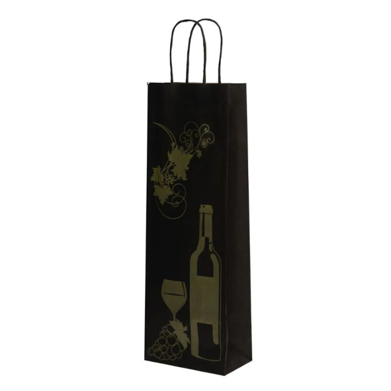 Sacola Kraft Vinho Preta Estampada 13,5x8x39cm - Pacote Com 10 Unidades