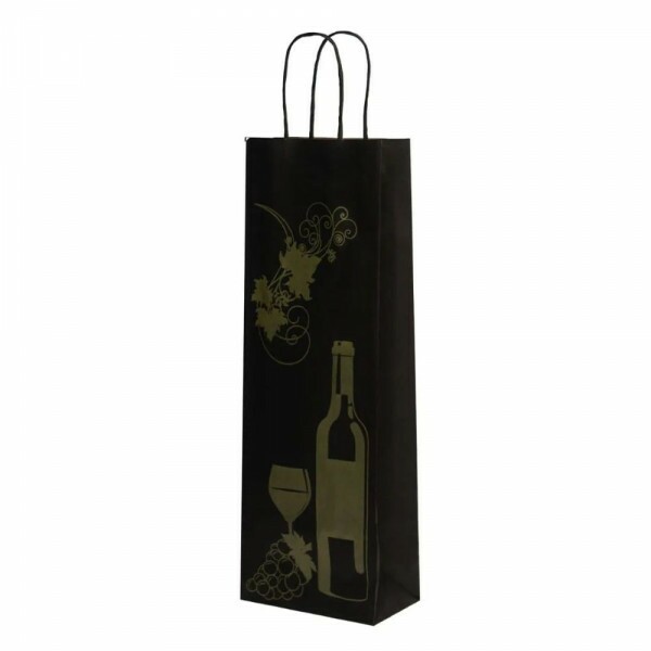 Sacola Kraft Vinho Preta Estampada 13,5x8x39cm - Pacote Com 10 Unidades