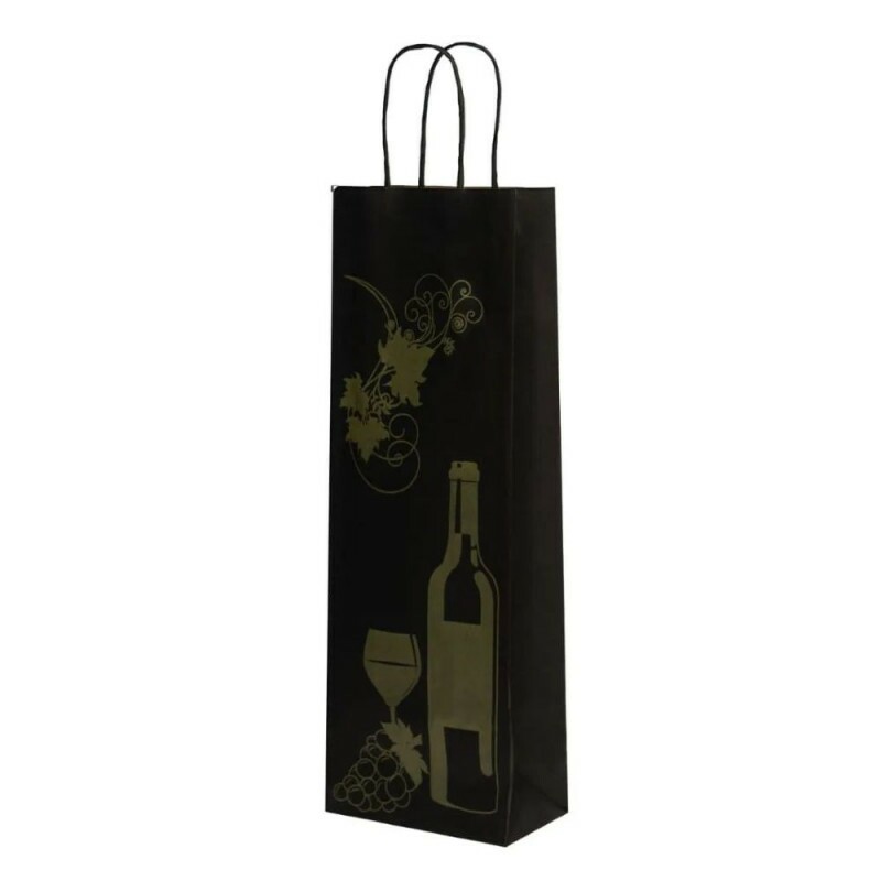 Sacola Kraft Vinho Preta Estampada 13,5x8x39cm - Pacote Com 10 Unidades Sacola Kraft Vinho Preta Estampada 13,5x8x39cm - Pacote Com 10 Unidades