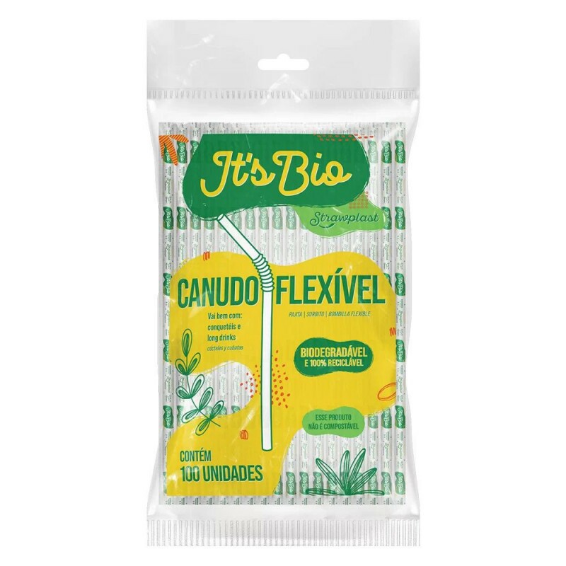Canudo Biodegradavel Its Bio Flexivel Cristal Sache De Papel 6mmX21cm Strawplast - Pacote Com 100 Unidades