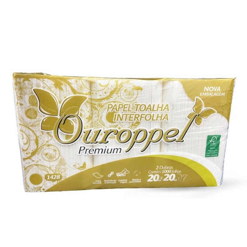 Papel Toalha Interfolha 100% Celulose 20x20cm Folha Simples Ouroppel - Fardo Com 1000 Folhas