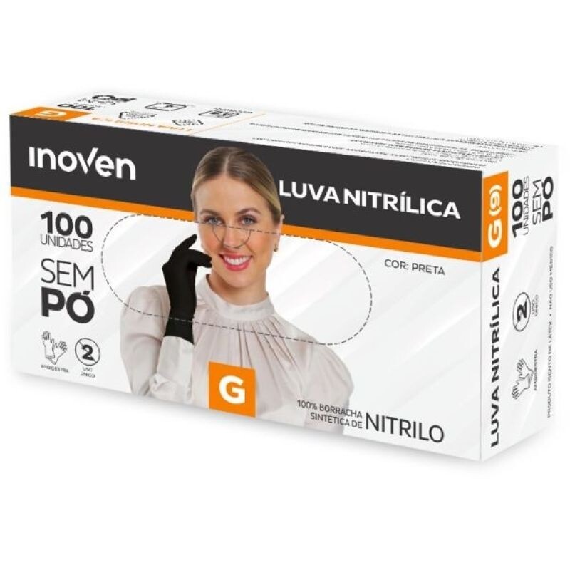 Luva Nitrilica Preta Sem Po - G - Inoven - Pacote Com 100 Unidades