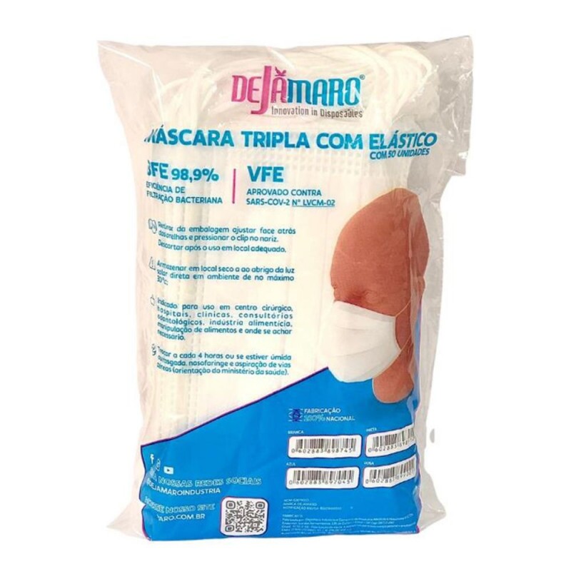 Mascara Tripla Com Elastico Com Clipe Branca Dejamaro - Pacote Com 50 Unidades